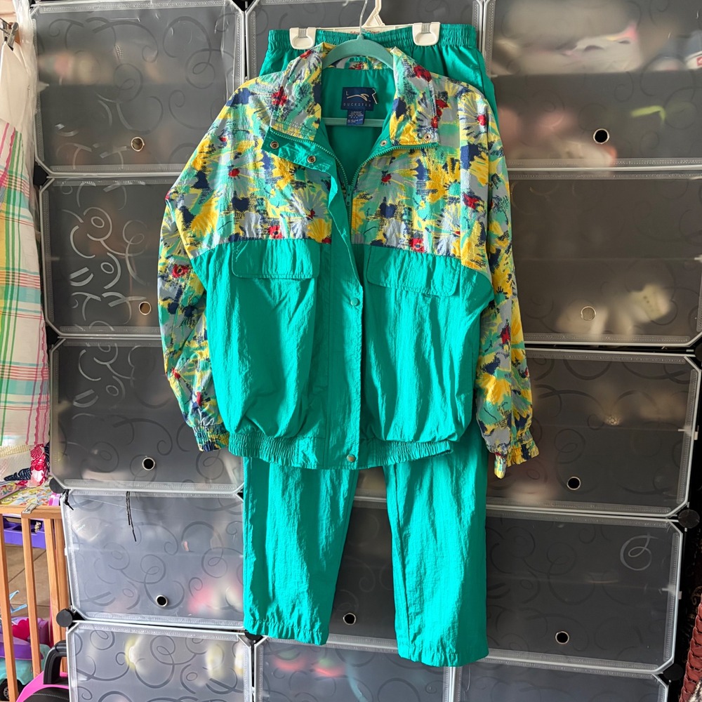 Vintage Duckster Teal Floral Nylon Windbreaker Track Suit Set Womens Large 502